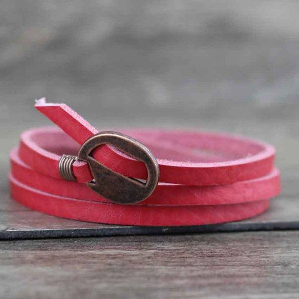 Bracelet Wrap Vintage en Cuir - coloris rouge/rose