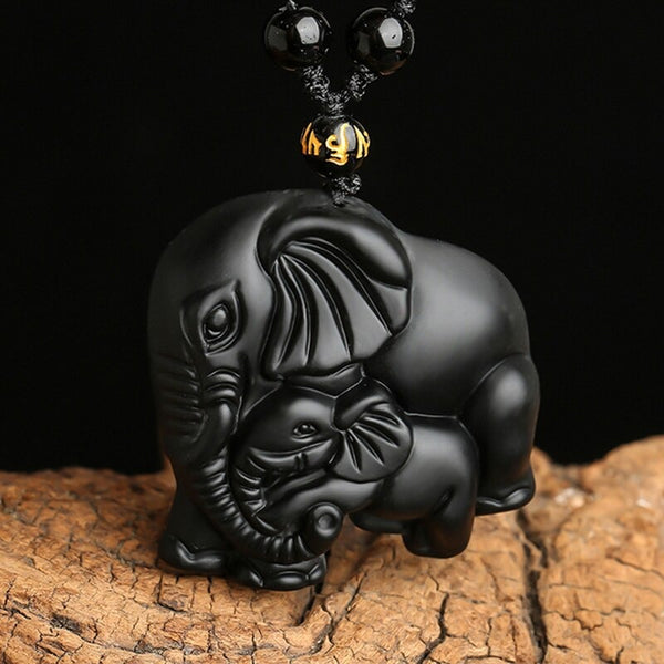 Collier & Pendentif "Éléphant" en Obsidienne