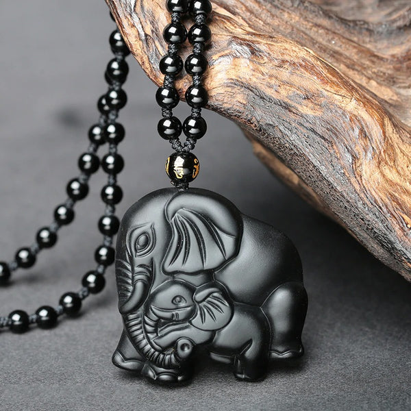 Collier & Pendentif "Éléphant" en Obsidienne