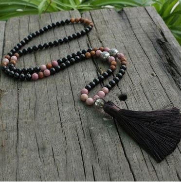 Mala 108 perles Onyx Noir - Rhodochrosite 