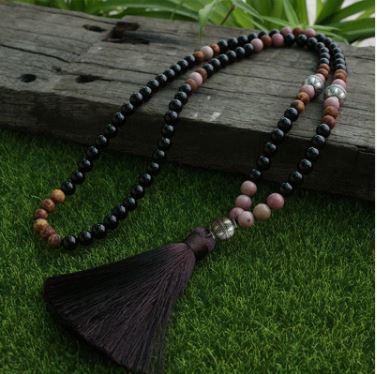Mala 108 perles Onyx Noir - Rhodochrosite 