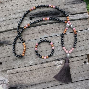 Mala 108 perles Onyx Noir - Rhodochrosite + Bracelet assorti