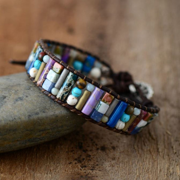 Bracelet "Bouton de Fleur" en Pierres naturelles - bouton forme fleur - jaspe - hématite - howlite - turquoise - amazonite