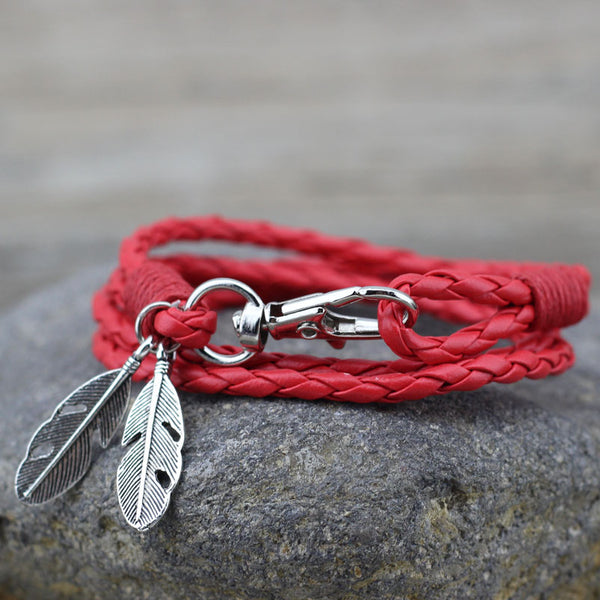 Bracelet en Cuir "Charm Plume" - coloris rouge
