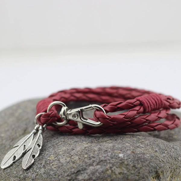 Bracelet en Cuir "Charm Plume" - coloris bordeaux