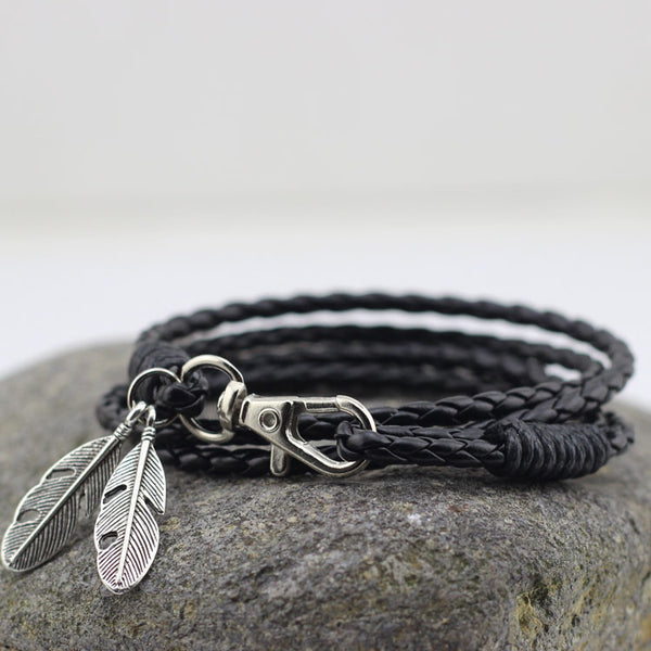 Bracelet en Cuir "Charm Plume" - coloris noir