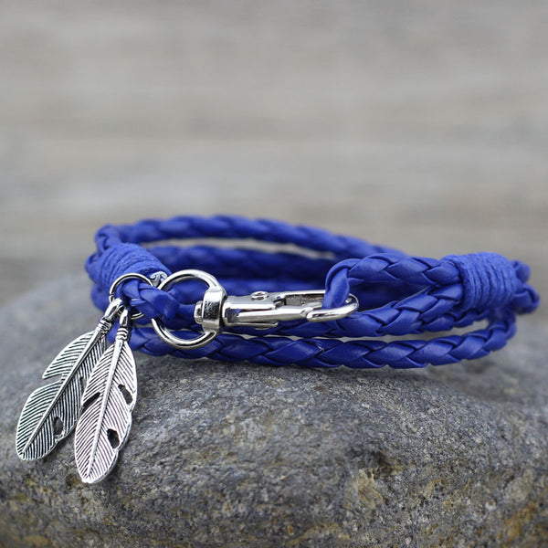 Bracelet en Cuir "Charm Plume" - coloris bleu