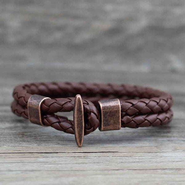 Bracelet Vintage en Cuir Tressé Fermoir Toggle - marron foncé- métal cuivré