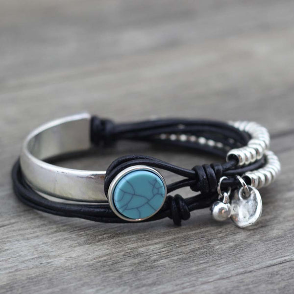 Bracelet Wrap Bohème - coloris noir -bouton turquoise