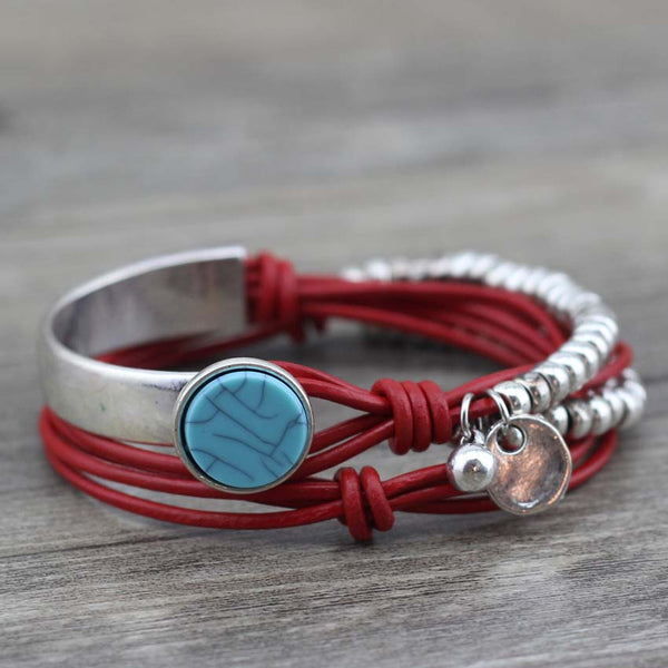 Bracelet Wrap Bohème - coloris rouge -bouton turquoise