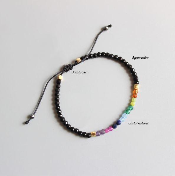 Bracelet 7 Chakras en Cristal de Roche et Agate Noire 5
