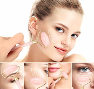 Coffret - Rouleau de Massage et Pierre Gua Sha en Quartz Rose pour le Visage