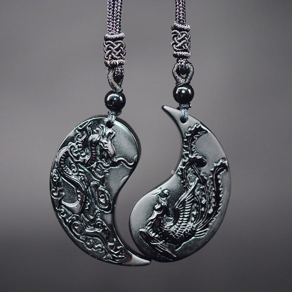 Collier Yin et Yang en Obsidienne à Partager Dragon et Phoenix