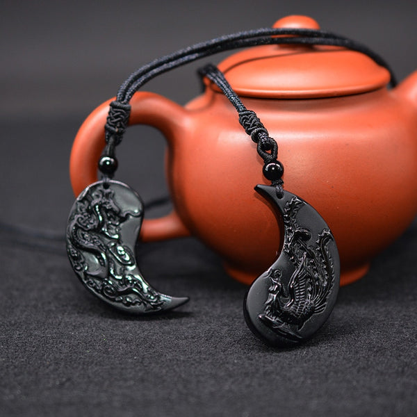 Collier Yin et Yang en Obsidienne à Partager Dragon et Phoenix