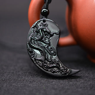 Collier Yin et Yang en Obsidienne à Partager Dragon et Phoenix