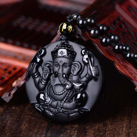 Collier et Pendentif Ganesh en Obsidienne