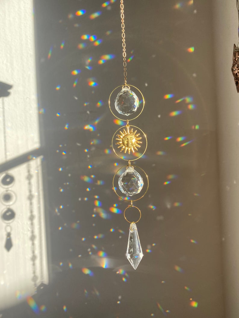 Attrape-soleil suspendu en cristal, boule de prisme, or, lune