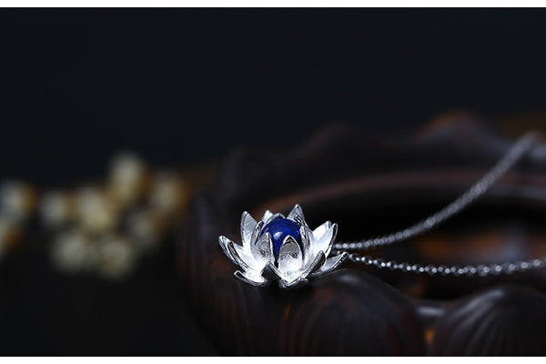 Collier Pendentif "Fleur de Lotus" Lapis Lazuli en Argent Sterling