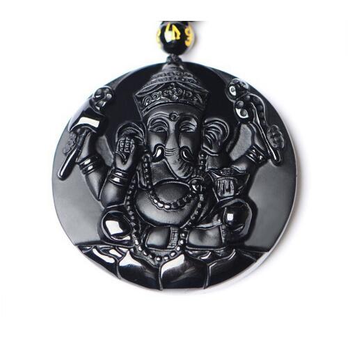 Collier et Pendentif Ganesh en Obsidienne